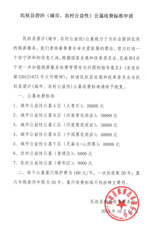 民權縣碧沙（城市、農(nóng)村公益性）公墓收費標準申請